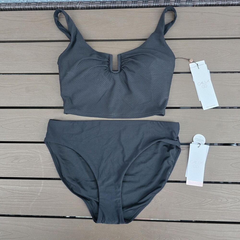 CALIA Women's Pure Black Mesh U-Bar Top & Mid Rise Bikini Bottom Sz S New